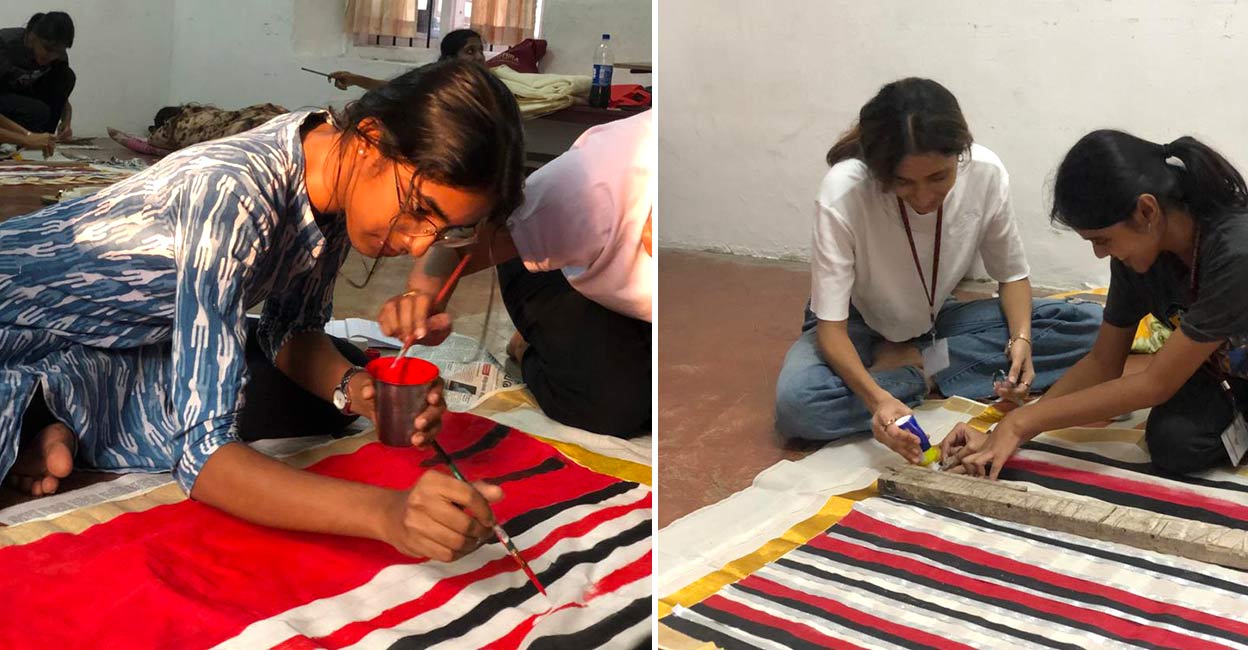 TeresasActAdd-2 Students hand painting the Kasavu sarees for 'Kshetrakalagal'. Photo: Special Arrangement